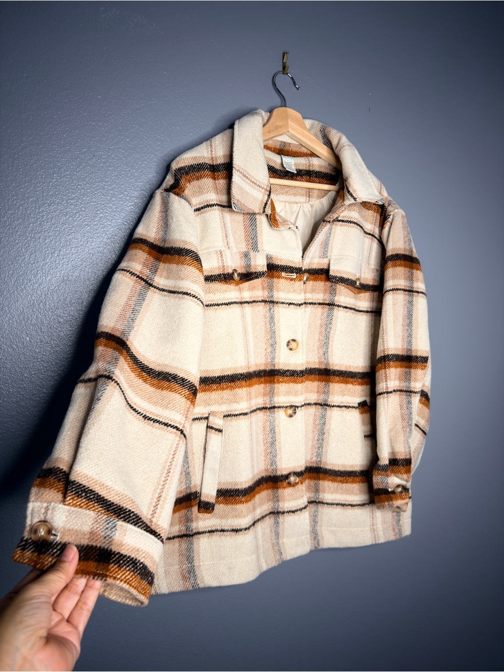 Wonderly Cream Plaid Flannel Jacket with Brown & Tan Stripes Cabin Large